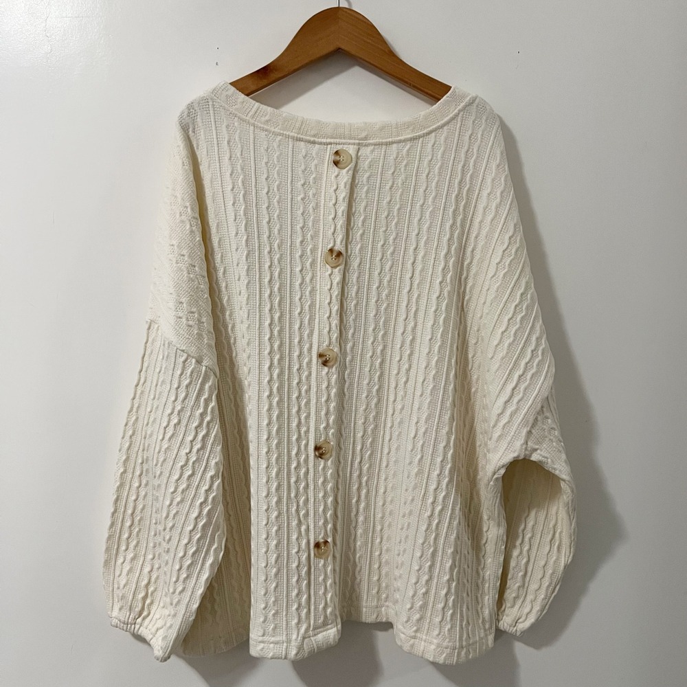 Blu Pepper Cream Cable Knit Button Back Balloon Sleeve Sweater Large